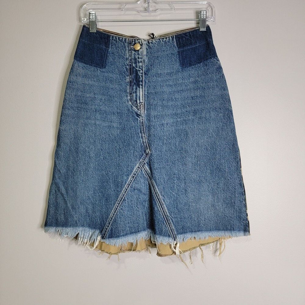 Blue Denim Front Green Camo Back‎ Raw Hem Skirt (o)ff fear Size Small